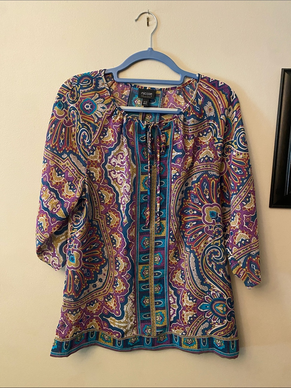 Nicole by Nicole Miller Purple Paisley Tie-Neck Semi Sheer Blouse